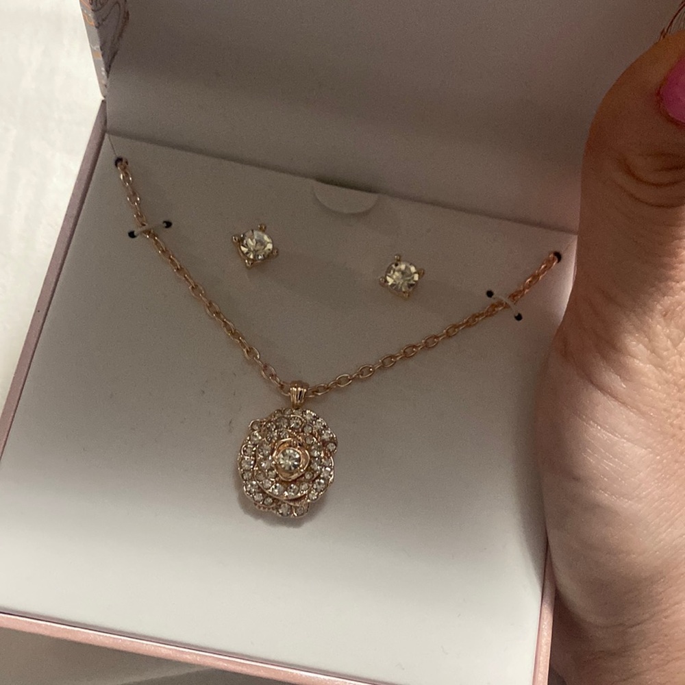 Charter Club rose gold necklace and stud earrings